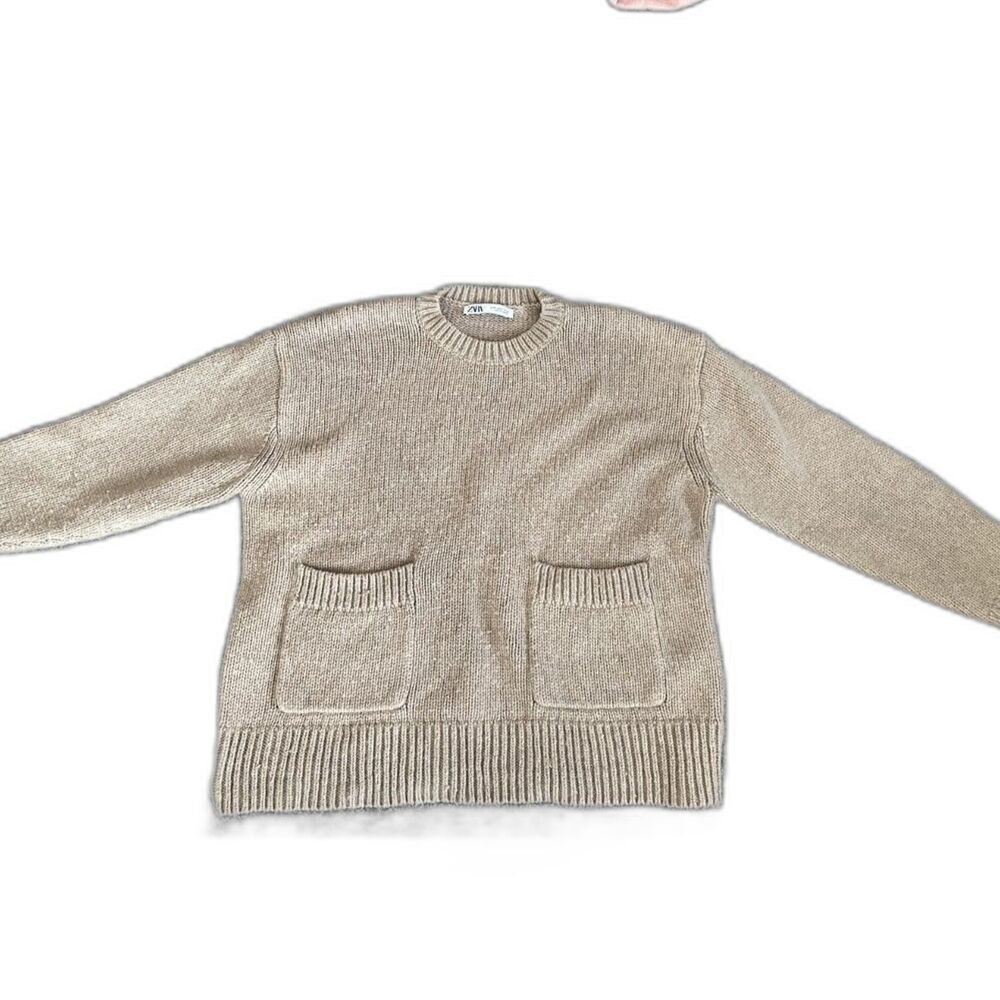Zara beige long sleeve oversized knit crewneck sweater M